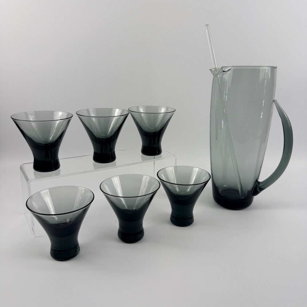 Morgantown Normandie Smoke Glass Cocktail Pitcher 6‎ Martini Glasses Set